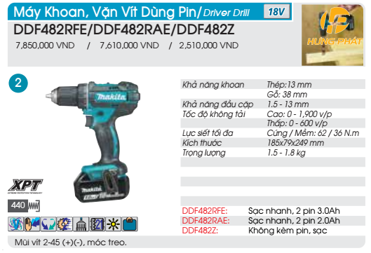 Máy khoan vặn vít dùng pin Makita DDF482Z (không kèm pin sạc)