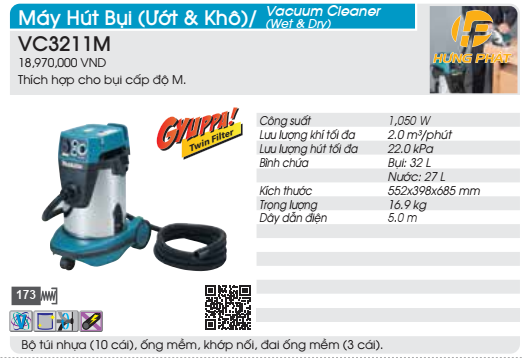 Máy hút bụi (Ướt & Khô) Makita VC3211M