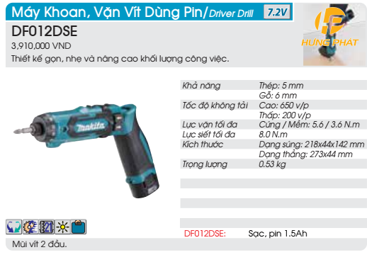 Máy khoan vặn vít dùng pin Makita DF012DSE (Sạc(DC10WA), 2 pin 1.5Ah(BL0715))