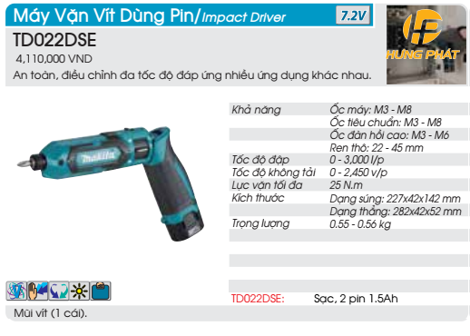 Máy vặn vít dùng pin Makita TD022DSE (Sạc(DC10WA), 2 pin 1.5Ah(BL0715))