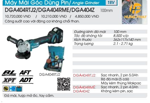 Máy mài góc dùng pin Makita DGA404Z (không kèm pin sạc)