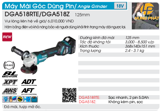 Máy mài dùng pin Makita DGA518RTE (125mm) (Sạc nhanh(DC18RC), 2 pin 5.0Ah(BL1850B))