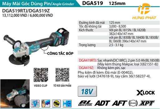 Máy mài góc dùng pin Makita DGA519RTJ (125mm) (Sạc nhanh(DC18RC), 2 pin 5.0 Ah(BL1850B))